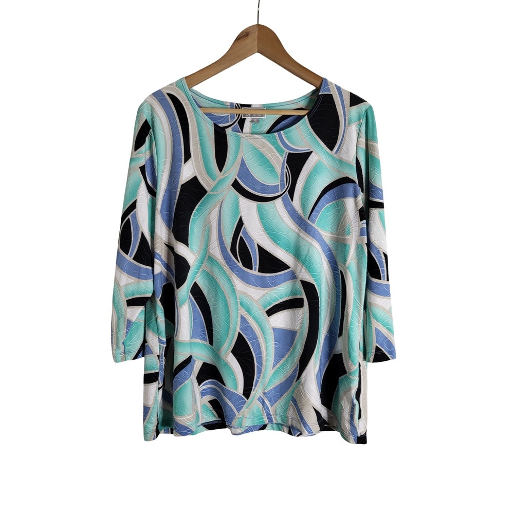 JM Collection XL Teal Blue Abstract Swirl Print Scoop Neck Top Boho Chic Artsy